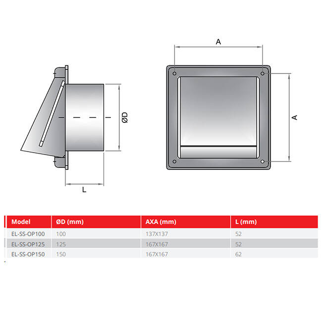 Grille frontale en acier inoxydable 150 mm avec clapet anti-retour à entrée haute - EL-SS-BD150 SS