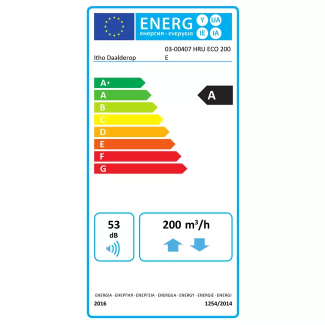 Récupérateur de chaleur HRU 200 ECO unit E RFT High-rise 200m3/h de Itho Daalderop - fiche européenne