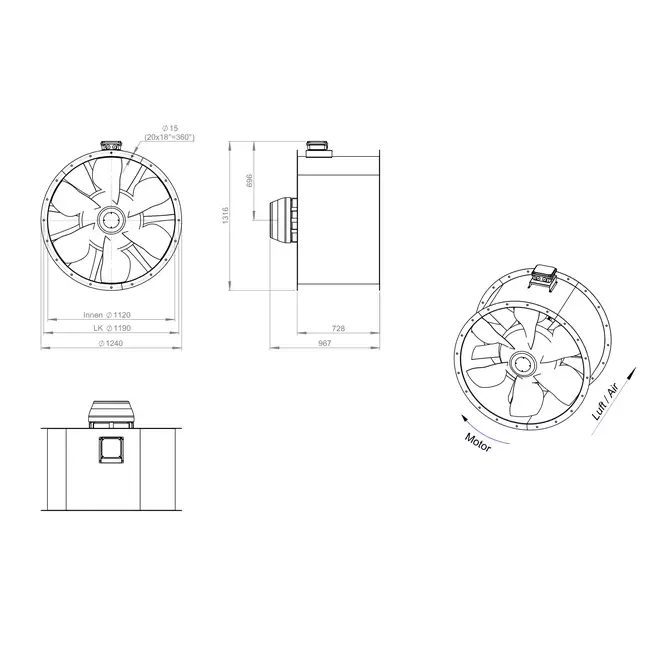 Ventilateur axial de 1120 mm pour gaz de combustion F300- AL 1120 D6 F3 03 CFG
