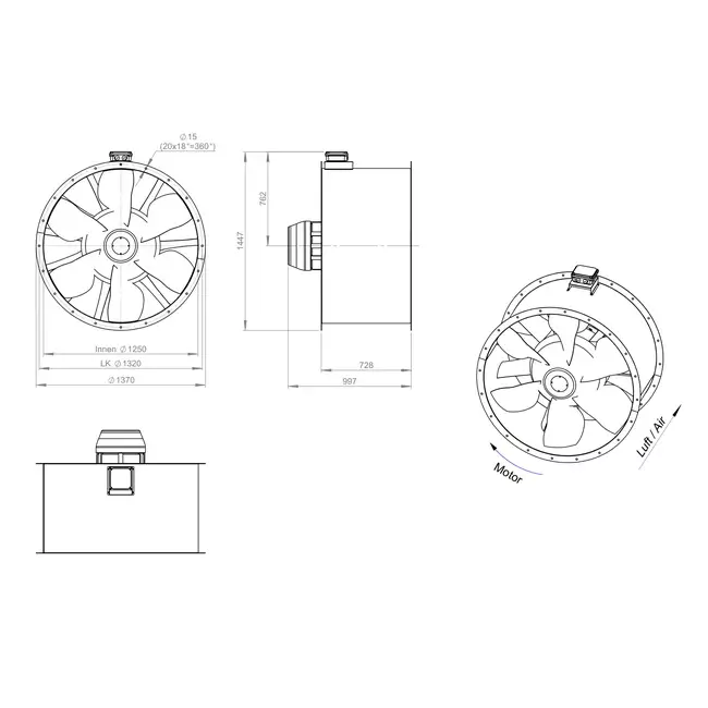 Ventilateur axial de 1250 mm pour gaz de combustion F300- AL 1250 D6 F3 03 CFG