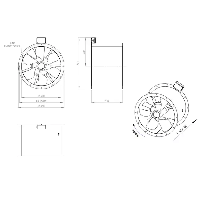 Ventilateur axial de 560 mm pour gaz de combustion F300- AL 560 D4 F3 01 CFG