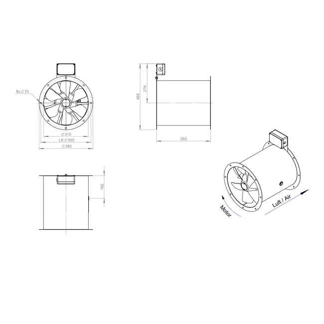 Ventilateur axial de 315 mm pour gaz de combustion F400 - AL 315 D42U F4 02 CFG