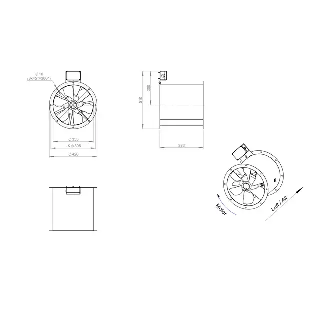 Ventilateur axial de 355 mm pour gaz de combustion F300- AL 355 D42U F3 01 CFG