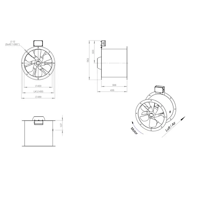 Ventilateur axial de 400 mm pour gaz de combustion F300- AL 400 D42U F3 01 CFG