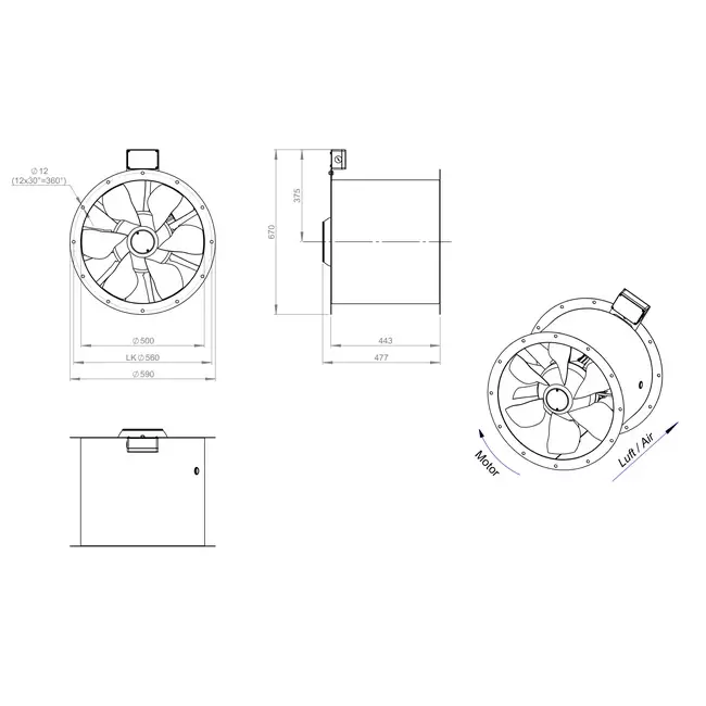Ventilateur axial de 500 mm pour gaz de combustion F400 - AL 500 D2 F4 02 CFG