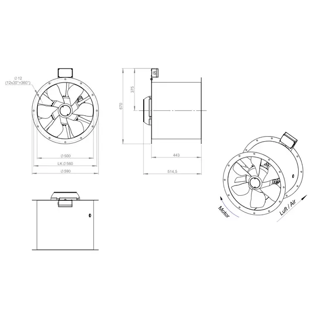 Ventilateur axial de 500 mm pour gaz de combustion F400 - AL 500 D42U F4 01 CFG