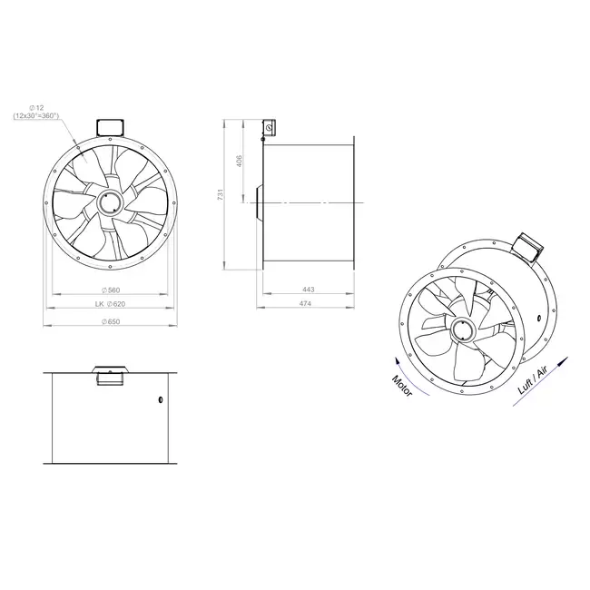 Ventilateur axial de 560 mm pour gaz de combustion F400 - AL 560 D4 F4 02 CFG