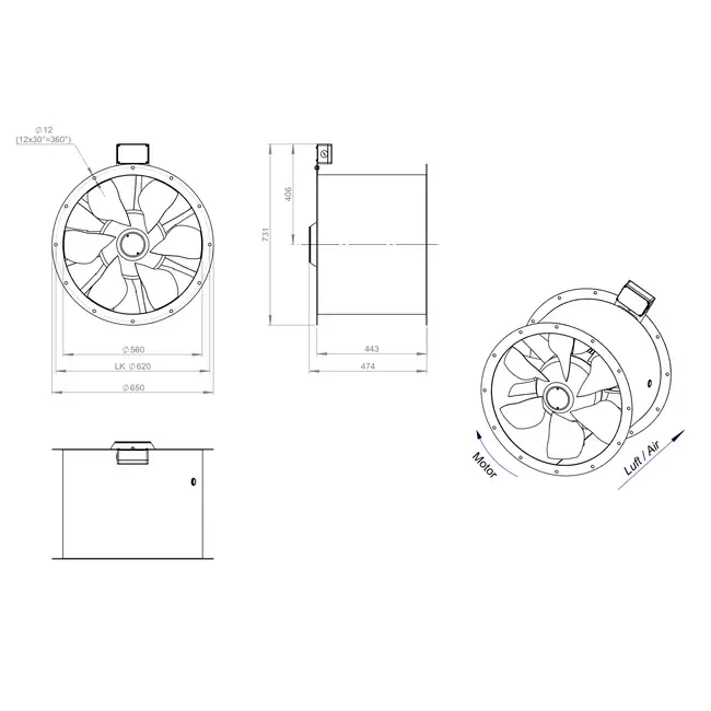 Ventilateur axial de 560 mm pour gaz de combustion F400 - AL 560 D84U F4 01 CFG