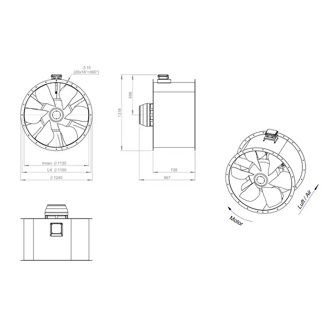 Ventilateur axial de 1120 mm pour gaz de combustion F400 - AL 1120 D6 F4 05 CFG