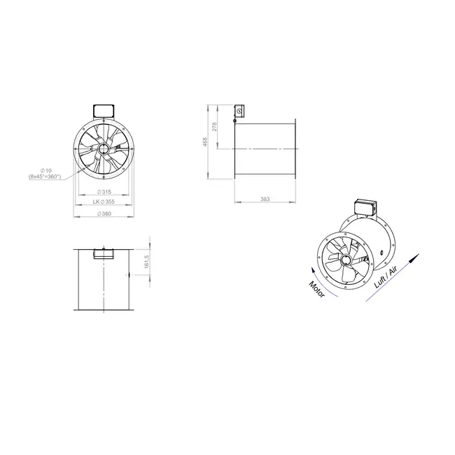 Ventilateur axial de 315 mm pour gaz de combustion F300- AL 315 D42U F3 01 CFG