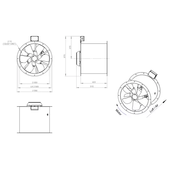 Ventilateur axial de 500 mm pour gaz de combustion F300- AL 500 D42U F3 01 CFG