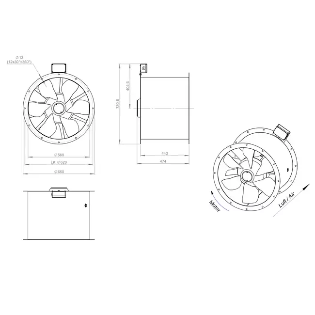 Ventilateur axial de 560 mm pour gaz de combustion F300- AL 560 D84U F3 01 CFG