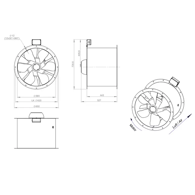 Ventilateur axial de 560 mm pour gaz de combustion F300- AL 560 D84U F3 02 CFG