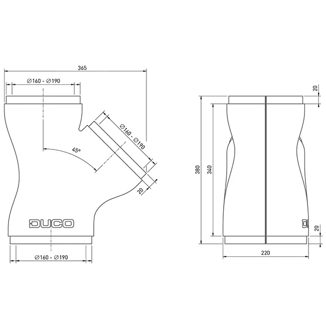 Duco pièce de raccordement 180 diamètre 2x 160 diamètre pour vannes à zones multiples