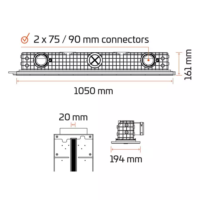 Diffuseur à fente sans cadre Ergovent 1050 mm avec diamètre de raccordement 75 mm - modulaire - 1 fente