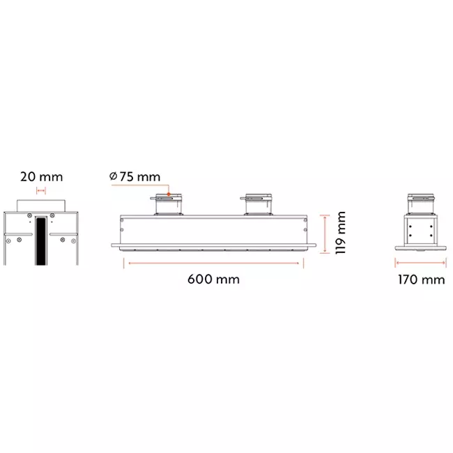 Diffuseur à fente sans cadre Ergovent 600 mm avec diamètre de raccordement 75 mm - profil (vertical)