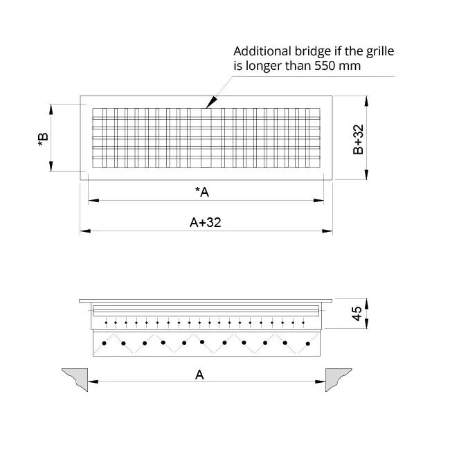 Grille murale double réglable en aluminium - avec ressorts de friction - 800x150 mm - RAL 9005