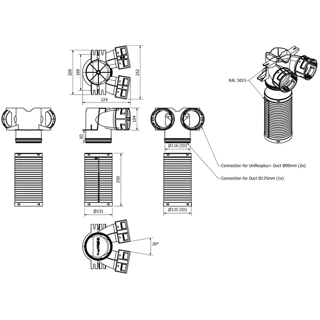 Vent-Axia Uniflexplus collecteur de valves 2 x Ø90 mm - Ø125 mm