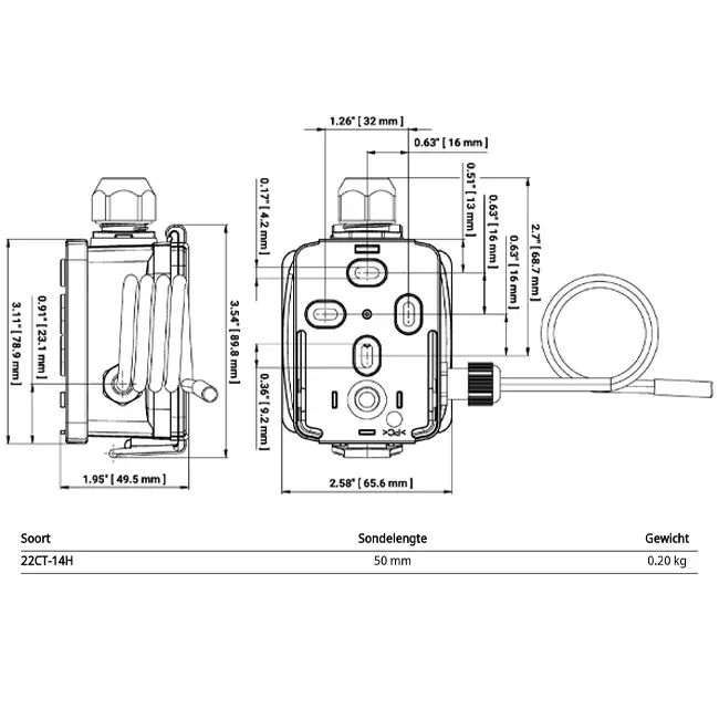 Belimo cable sonde de température 4-20 mA - sonde 50x6 mm - 2 mètres - 22CT-14H