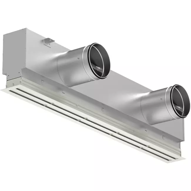 Grille linéaire en aluminium avec 3 déflecteurs réglables – 1 250 mm – RAL 9010 + plénum isolé avec registre de régulation du débit d'air