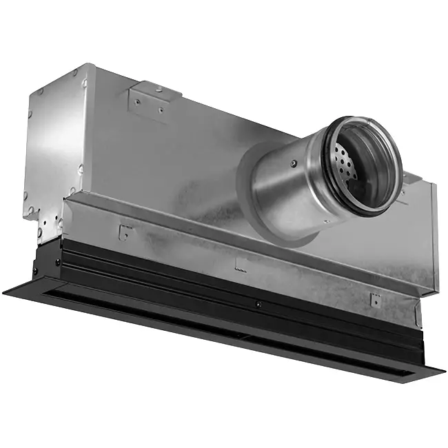 Grille linéaire en aluminium avec 3 déflecteurs réglables – 1 000 mm – RAL 9005 + plénum isolé avec registre de régulation du débit d'air
