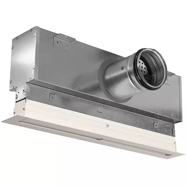 Grille linéaire en aluminium avec 2 déflecteurs réglables – 1 000 mm – RAL 9010 + plénum isolé avec registre de régulation du débit d'air