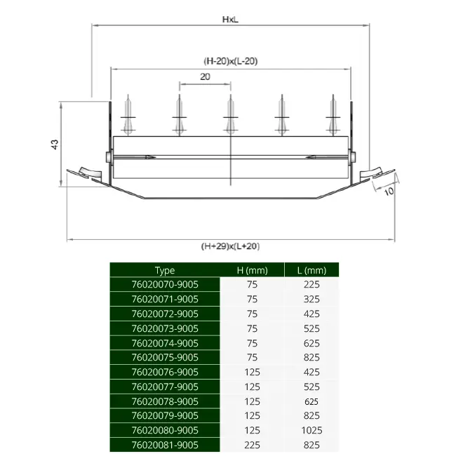 Grille de conduit ClimaConnect à réglage simple 225 x 75 mm pour conduits de 160 à 400 mm - RAL 9005
