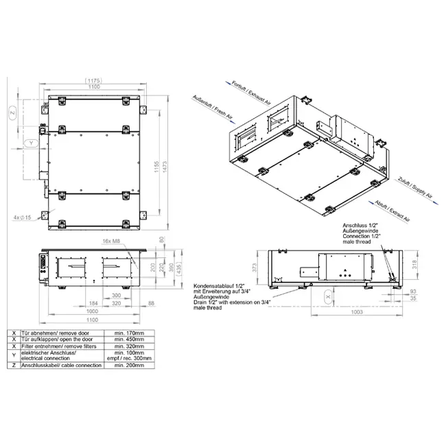 Centrales de traitement d'air Maxivent WTW avec échangeur à contre-courant de 700 m³/h et chauffage électrique à droite - PHE 700 F EOJR