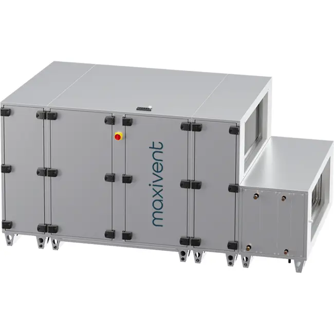 Centrales de traitement d'air Maxivent WTW avec échangeur à contre-courant de 5 000 m³/h, batterie à eau chaude et refroidissement DX, horizontale à droite - PHE 5000 H WDJR T 01