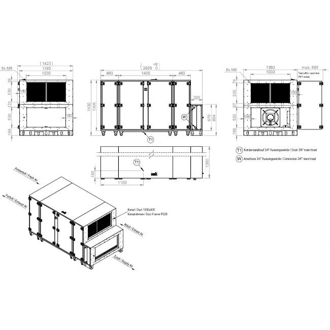 Centrales de traitement d'air Maxivent WTW avec échangeur à contre-courant de 5 000 m³/h et batterie à eau chaude, disposition horizontale à droite - PHE 5000 H WOJR T 01