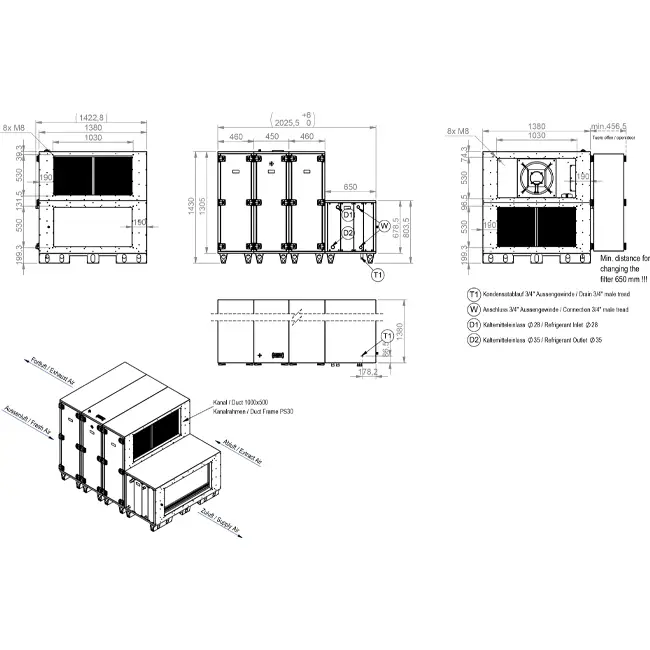 Centrales de traitement d'air Maxivent WTW avec roue à chaleur 5 000 m³/h, batterie à eau chaude et refroidissement DX, horizontale à gauche - RHE 5000 H WDJL T 01