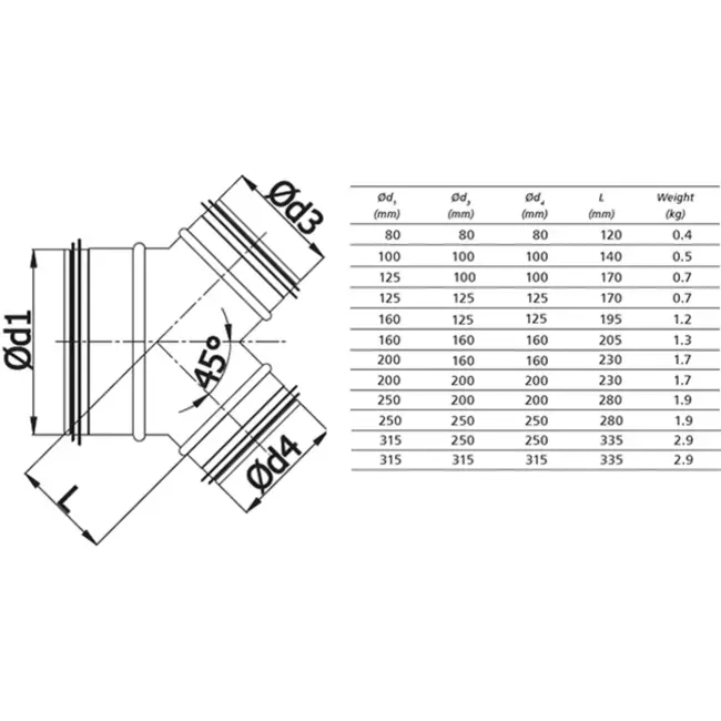 Pièce en Y 45° Ø 80 mm - 80 mm pour conduit rigide galvanisé
