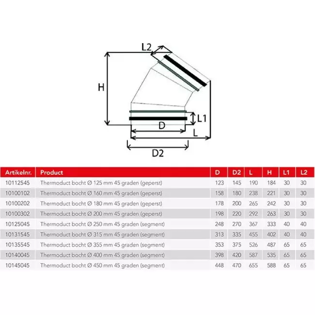Coude isolé Thermoduct 13mm 45 degrés et 250 mm de diamètre