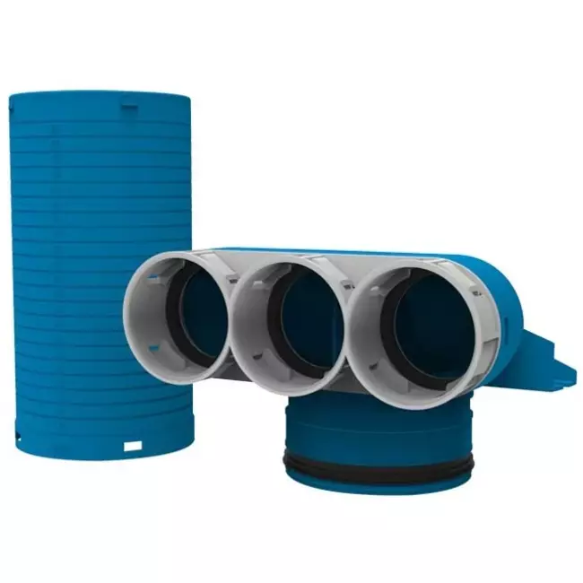 Collecteur de valve de ventilation Vent-Axia Uniflexplus 3x Ø69 mm avec couvercle de mortier Ø125 mm H=250 90° (long)