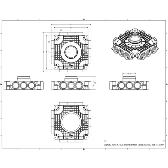 Diffuseur combiné Vent-Axia Uniflexplus 12x Ø69mm avec raccordement latéral et embout Ø160 mm