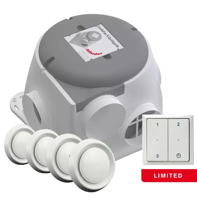 Kit Zehnder ComfoFan Silent Limited 300 m³/h + commande RFT + 4 vannes - fiche avec mise à la terre