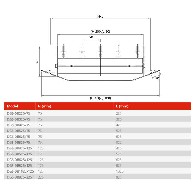 Grille de gaine double réglable 625x75mm pour gaine 160 à 400mm - DGS-DB625x75