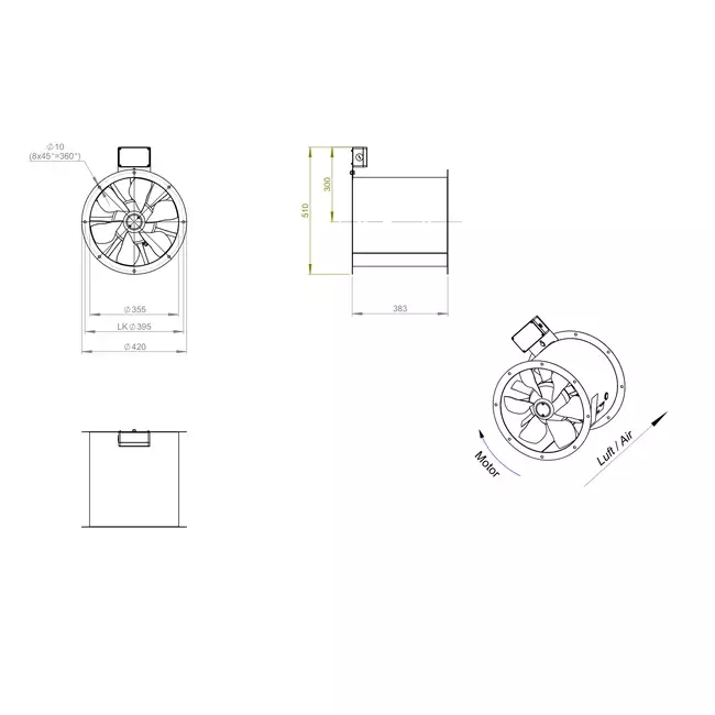 Ventilateur axial de 355 mm pour gaz de combustion F300- AL 355 D4 F3 01 CFG