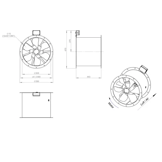 Ventilateur axial de 500 mm pour gaz de combustion F300- AL 500 D4 F3 01 CFG