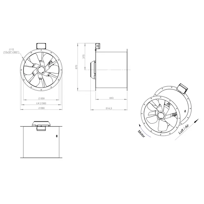 Ventilateur axial de 500 mm pour gaz de combustion F300- AL 500 D2 F3 01 CFG