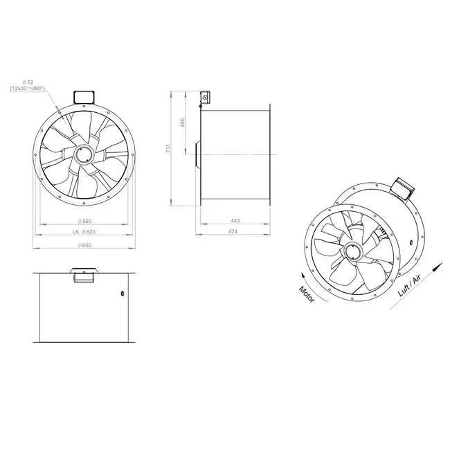 Ventilateur axial de 560 mm pour gaz de combustion F300- AL 560 D4 F3 02 CFG