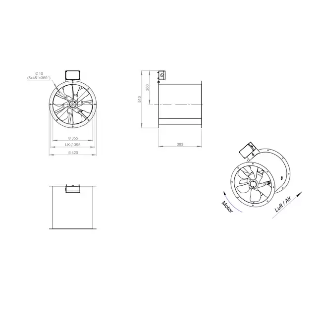 Ventilateur axial de 355 mm pour gaz de combustion F400 - AL 355 D4 F4 01 CFG