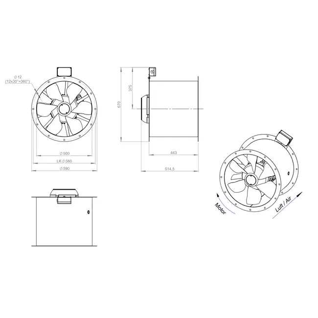 Ventilateur axial de 500 mm pour gaz de combustion F400 - AL 500 D2 F4 01 CFG