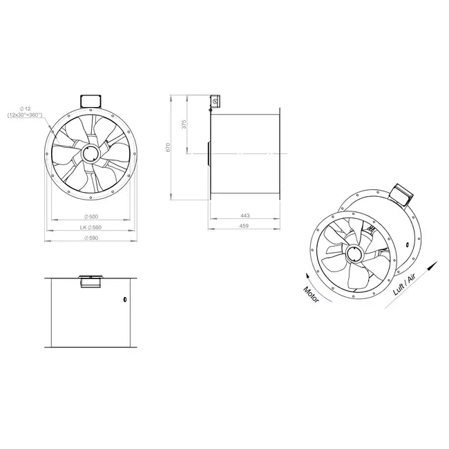 Ventilateur axial de 500 mm pour gaz de combustion F300- AL 500 D4 F3 03 CFG