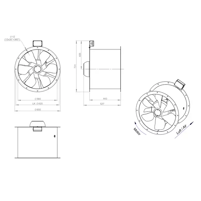 Ventilateur axial de 560 mm pour gaz de combustion F400 - AL 560 D84U F4 02 CFG