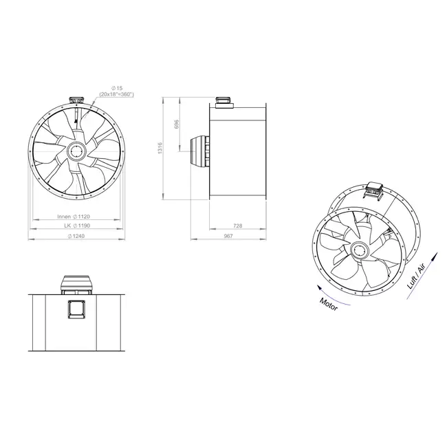 Ventilateur axial de 1120 mm pour gaz de combustion F300- AL 1120 D6 F3 05 CFG
