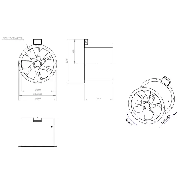 Ventilateur axial de 500 mm pour gaz de combustion F400 - AL 500 D4 F4 01 CFG