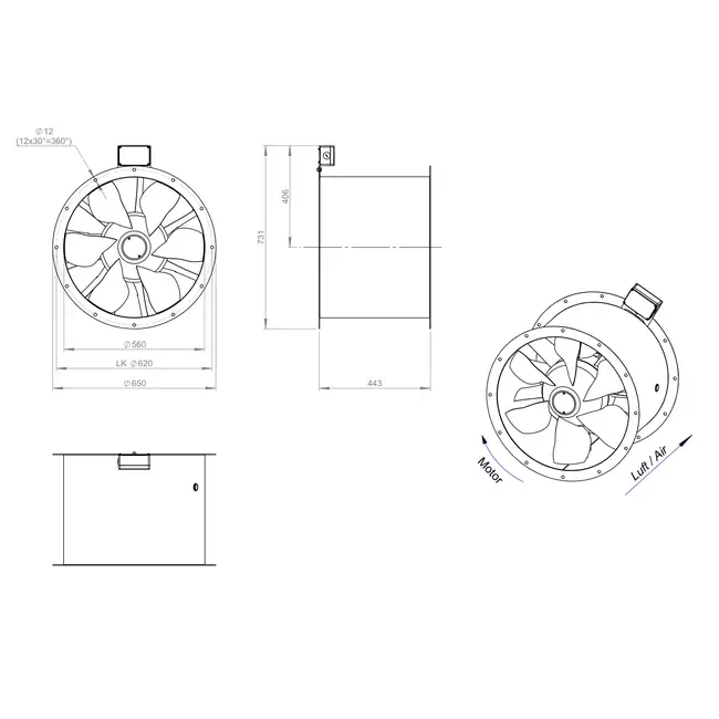 Ventilateur axial de 560 mm pour gaz de combustion F400 - AL 560 D4 F4 01 CFG