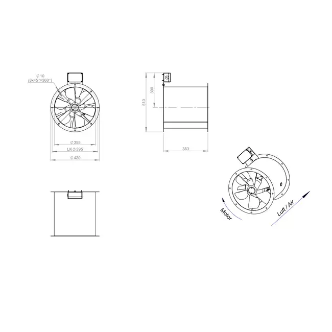 Ventilateur axial de 355 mm pour gaz de combustion F300- AL 355 D42U F3 02 CFG