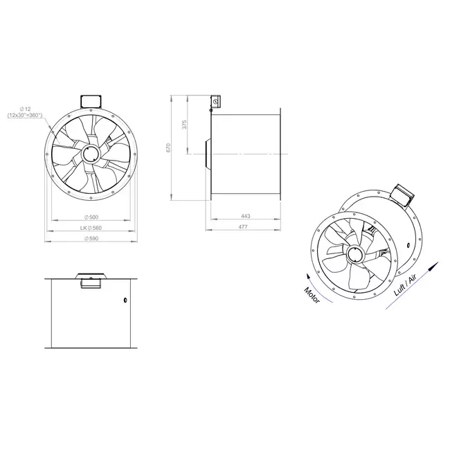 Ventilateur axial de 500 mm pour gaz de combustion F300- AL 500 D42U F3 02 CFG